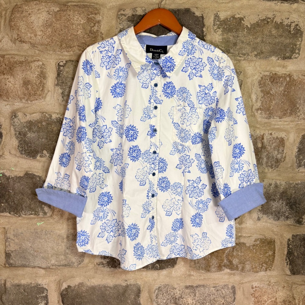 Denim & Co Womens Large Blue White Floral 3/4 Sleeve Button Down Shirt Preppy